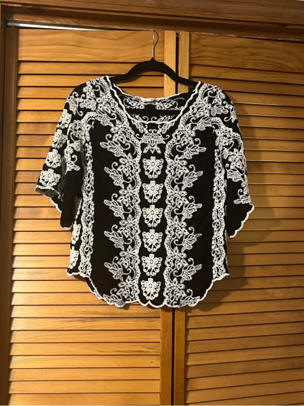 Solitaire for Anthropologie Black with White Embroidery Top